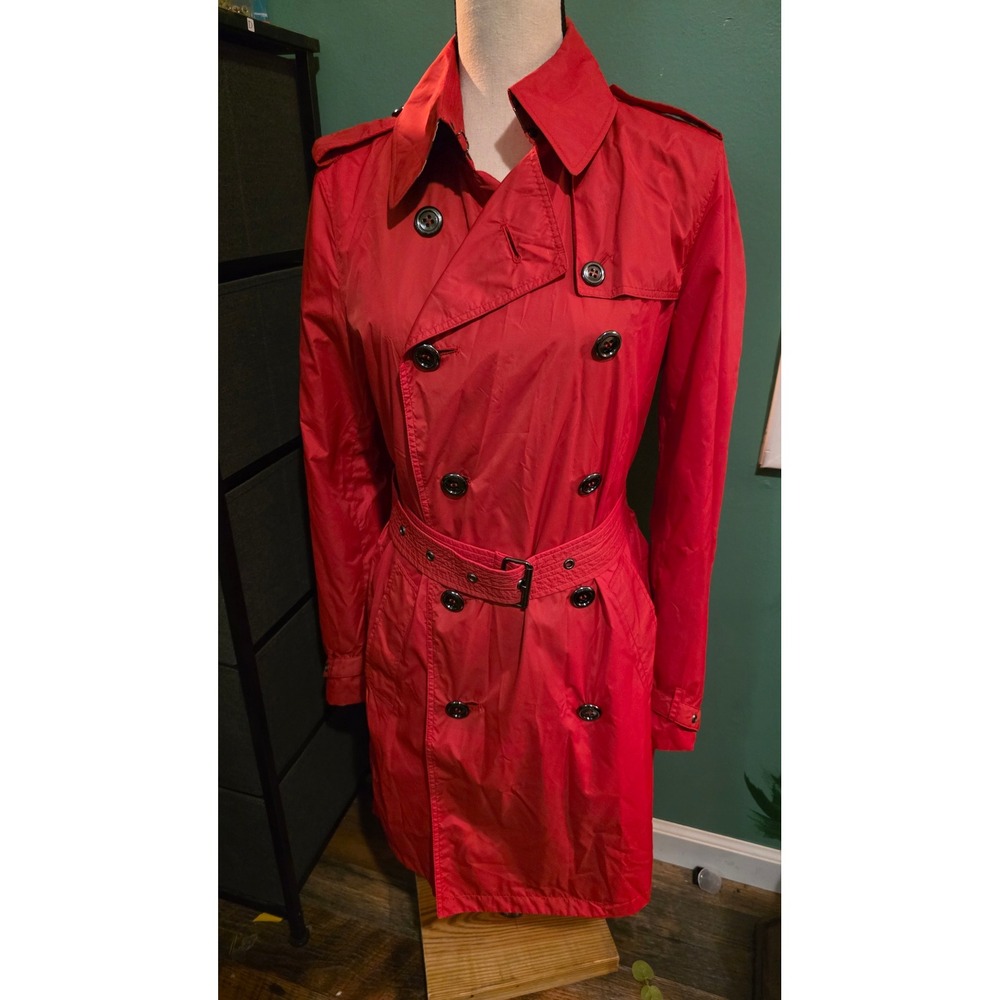Burberry London Red Nylon Taffeta Double Breasted Trench Coat Belted US 8 UK 10